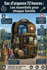 Un sac d'urgence préparé pour une famille, rempli d'éléments essentiels.