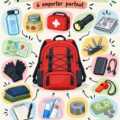 Un sac d'urgence bien préparé avec des articles essentiels au premier plan.