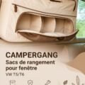 Sacs de rangement pour VW T5/T6 bien organisés à l'intérieur du véhicule.
