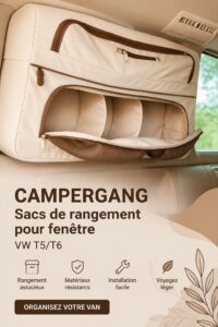 Sacs de rangement pour VW T5/T6 bien organisés à l'intérieur du véhicule.
