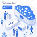 Représentation graphique d'un serveur isométrique en technologie cloud.