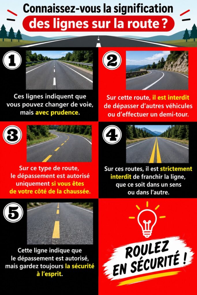Un panneau de route illustrant différentes lignes de signalisation.