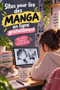 Une femme heureuse lisant un manga sur son ordinateur, avec une tasse de thé à côté.