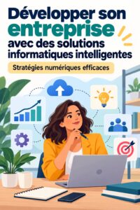 Une femme d'affaires consulte un logiciel sur son ordinateur, représentant des solutions IT intelligentes pour l'entreprise.