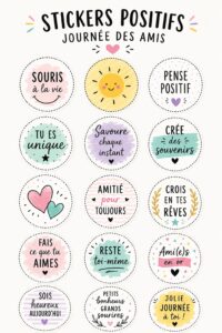 Un ensemble d'autocollants colorés célébrant l'amitié sur un fond créatif.