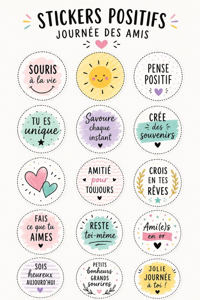 Un ensemble d'autocollants colorés célébrant l'amitié sur un fond créatif.