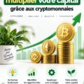 Illustration de stratégies d'investissement en crypto-finances avec graphiques et symboles de cryptomonnaies