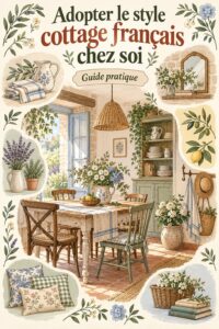Intérieur d'un salon de cottage français avec des meubles en bois et des couleurs douces