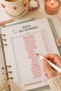 Exemple de tracker de sommeil dans un bullet journal, illustrant un design coloré et pratique.