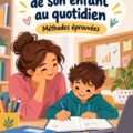 Une mère aidant son enfant avec ses devoirs à la maison, mettant en avant le suivi de la scolarité.