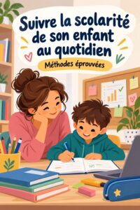 Une mère aidant son enfant avec ses devoirs à la maison, mettant en avant le suivi de la scolarité.