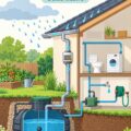 Illustration d'un système de captation d'eau pluviale avec des cuves et des gouttières.