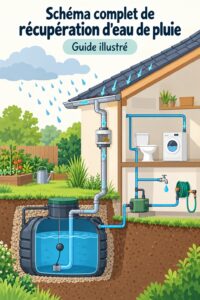 Illustration d'un système de captation d'eau pluviale avec des cuves et des gouttières.