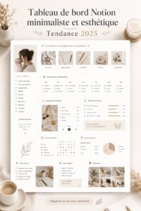 Un tableau de bord esthétique et minimaliste sur Notion, affichant des widgets et une mise en page organisée.