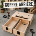 Un tiroir de rangement en bois dans l'arrière d'une voiture bien organisé.