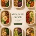 Illustration d'une maison écoresponsable avec des plantes et des éléments recyclés.